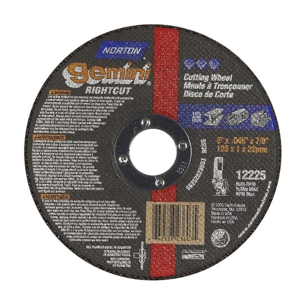 Norton Co Right Angle Cut-Off Blade Type 1 Metal-Gemini Aluminum Oxide, 5 x .045 x 7/8, Max RPM: 12225 - 662528-23603