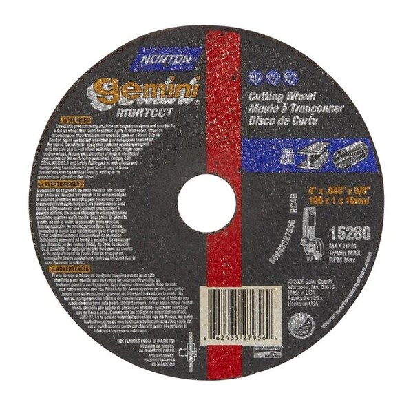 Norton Co Right Angle Cut-Off Blade Type 1 Metal-Gemini Aluminum Oxide, 4 x .040 x 5/8, Max RPM: 15280 - 662435-27956