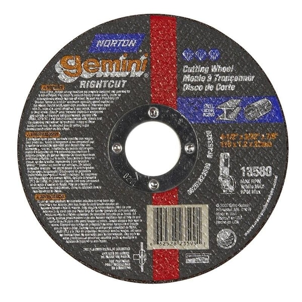 Norton Co Right Angle Cut-Off Blade Type 1 Metal-Gemini Aluminum Oxide, 4-1/2 x 3/32 x 7/8, Max RPM: 13580 - 662528-23599