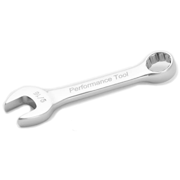 Llave de combinación cromada Performance Tool Stubby, de 9/16", con extremo de caja de 12 puntos, totalmente pulida, de 4-9/16" de largo - W30518.