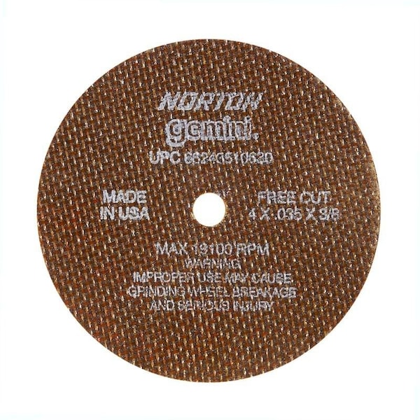 Norton Co SMALL CUT-OFF BLADES, Type 1 - Metal - Gemini Aluminum Oxide, Size: 4 x .035 x 3/8, Max RPM: 19100 - 662435-10630