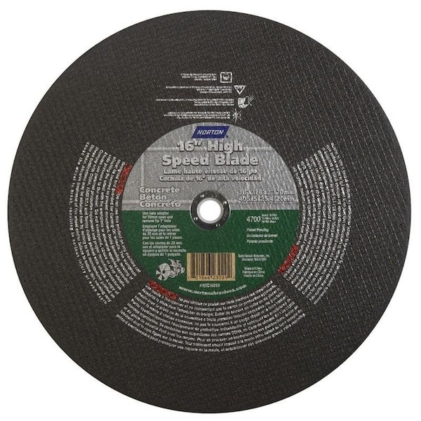 Norton Co HIGH SPEED CUT-OFF BLADES, Type 1 -Reinforced - Masonry - Silicon Carbide, Size: 16 x 1/8 x 1 - 701846-23029