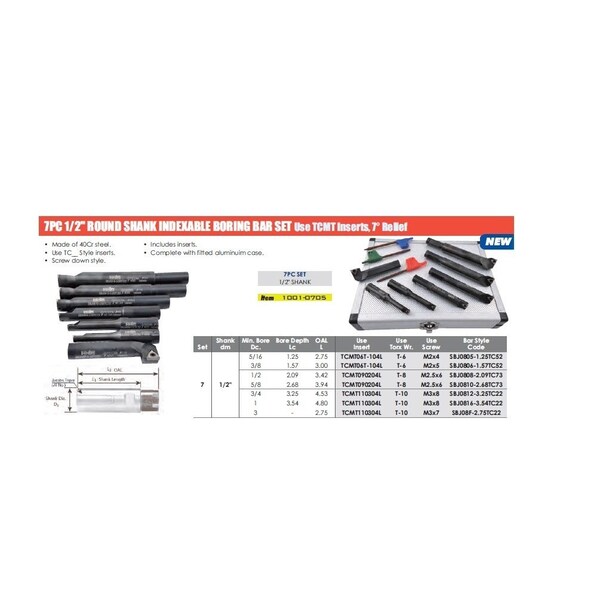 H & H Industrial Products 7 Piece 1/2" Round Shank Indexable Boring Bar Set - 1001-0705