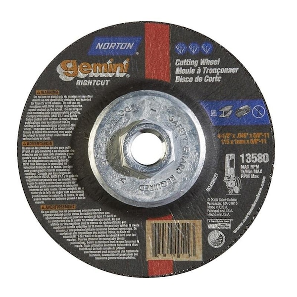 Norton Co Blue Fire Right Angle Cut-Off Blade, Aluminum Oxide, Size: 4-1/2 x .045 x 5/8-11, Max RPM: 13580 - 662528-42025