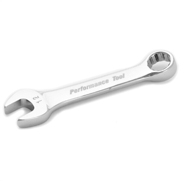 Llave de combinación cromada Performance Tool Stubby, 12mm, con extremo de caja de 12 puntos, completamente pulida, 4-1/8" de largo - W30612