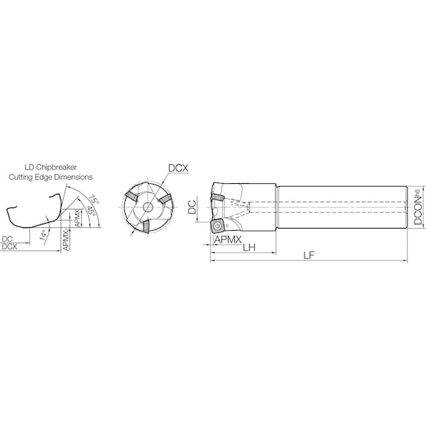 Kyocera High Feed End Mill, MFH 1500S125104T10, MFH-RAPTOR 1.5000" Dia - MFH1500S125104T10