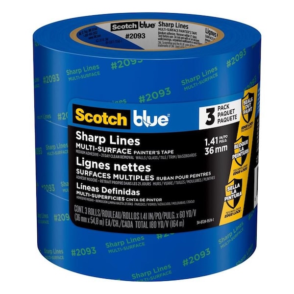 Cinta para pintor de mediana resistencia, azul, 141 pulgadas de ancho x 60 yardas de largo, 3 paquetes - 2093-36AC3 de 3M ScotchBlue.