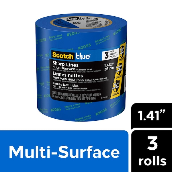 Cinta para pintor de mediana resistencia, azul, 141 pulgadas de ancho x 60 yardas de largo, 3 paquetes - 2093-36AC3 de 3M ScotchBlue.