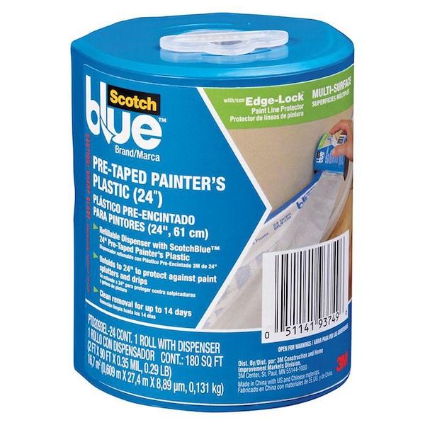 Cinta pre-cubierta para pintor de plástico de 24" x 30 yardas con tecnología Edge-Lock y dispensador - PTD2093EL-24