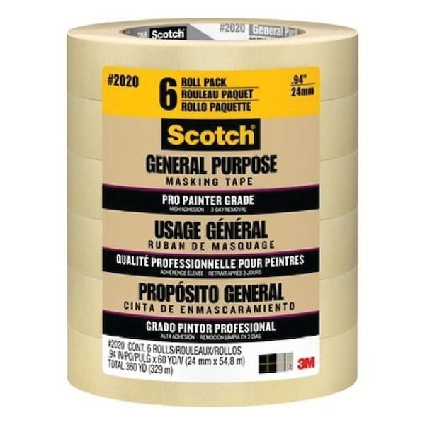 Cinta para enmascarar Scotch 2020-24ECP, 60 yd L, 0.94 pulg W, respaldo de papel crepé, color beige - 2020-24EP6