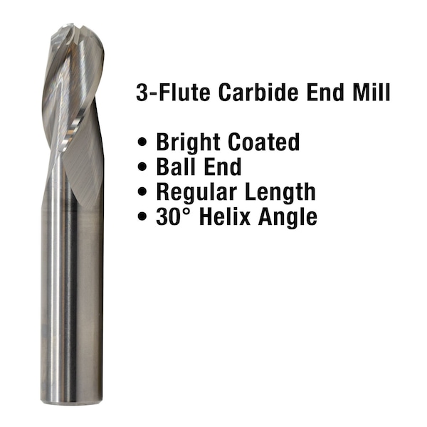 Gs Tooling 1/8" Diameter x 1/8" Shank 3-Flute Regular Length Ball Nose Blue Series Carbide End Mills - 101114