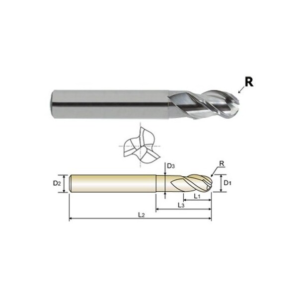 Yg-1 Tool 3 Flute Regular Length 40 Degree Helix Ball Nose Neck Alu-Power - 38593