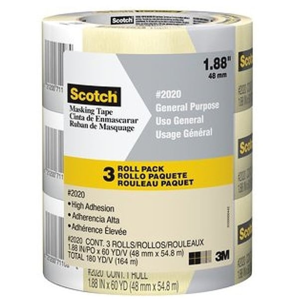 Cinta para enmascarar Scotch 2020-48ECP, 60 yd de longitud, 1.89 pulgadas de ancho, respaldo de papel crepé, color beige - 2020-48EP3