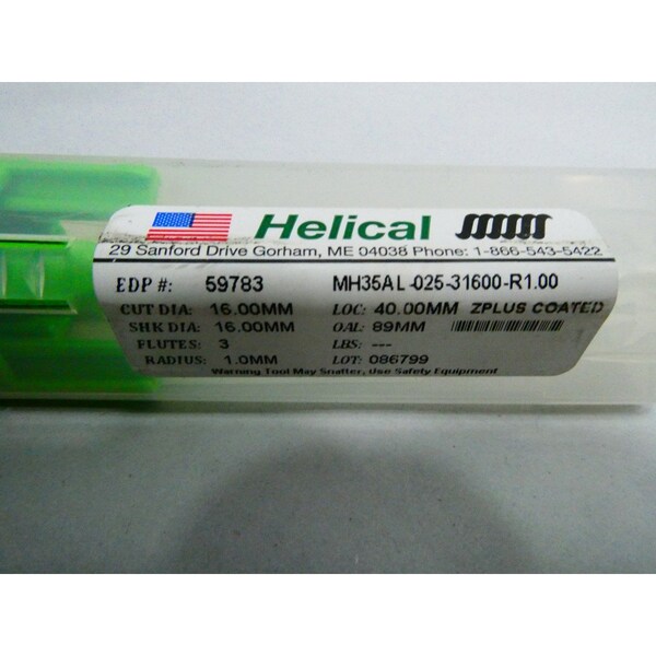 Helical Products 16MM END MILL - 59783 MH35AL-025-31600-R1.00