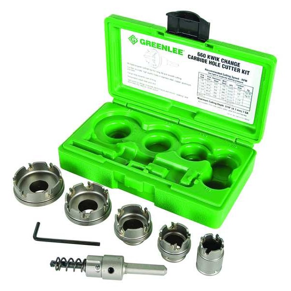 Greenlee Carbide Hole Cutter Kit, 8 Pieces, 7/8 in to 2 in Saw Size Range, 1/8 in Max. Cutting Dp - 660