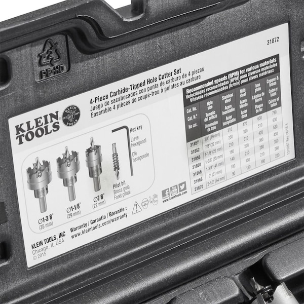 Klein Tools Hole Saw Kit, Carbide Hole Cutter, 4-Piece - 31872