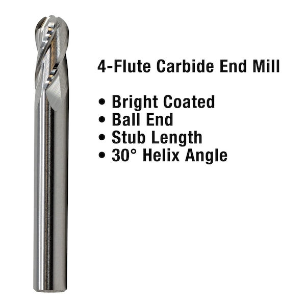 Gs Tooling 1/16" Diameter x 1/8" Shank 4-Flute Stub Length Ball Nose Blue Series Carbide End Mills - 101282