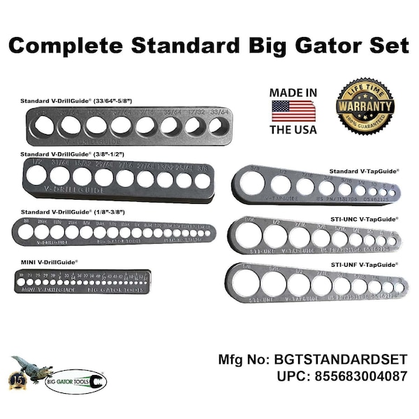 V-Drillguide And V-Tapguide 7 Piece Set - Imperial set of the Big Gator Tools line of (4) V-DrillGuides and (3) V-TapGuides - THE COMPLETE STANDARD SET