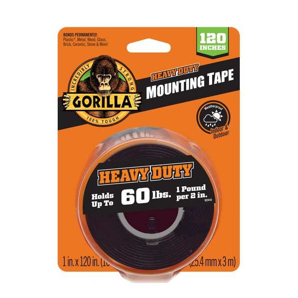Cinta de montaje de doble cara Gorilla Glue, 1 pulgada de ancho x 120 pulgadas de largo, 43 mil de espesor, negra, 1 paquete - 102441