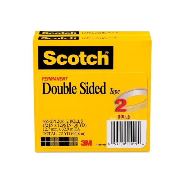 Cinta de doble cara 3M Scotch® 665, 1/2" x 1296", Núcleo de 3", Transparente, 2 paquetes - 6652P1236