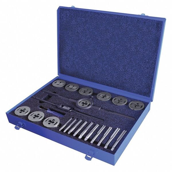 Greenfield Threading 23PC Plug Hand Taps and Two-Piece Dies Set with Collet 7 Sizes, 1/4-20 To 1/2-13 UNC UNF - 423162
