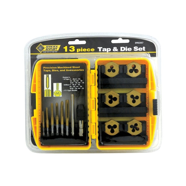 Steel Grip Steel Grip Steel SAE Tap and Die Set 6-32	 8-32	 10-24	 10-32	 1/4-20	 5/16-8 13 pc - DR62057SAE