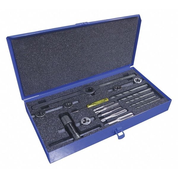 Greenfield Threading 15PC Plug Hand Tap, Round Adj. Dies and Jobber Drill Set M6 To M12 Tap and Die, 5mm To 10.2mm Drills - 420368