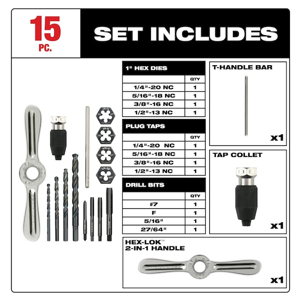 Milwaukee Tool 15PC SAE Tap and Die Set with Hex-LOK 2-in-1 Handle - 49-22-5602