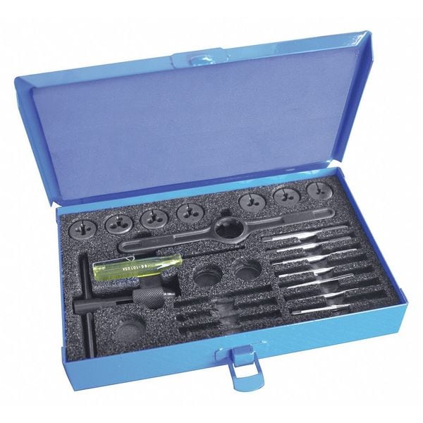 Greenfield Threading 17PC Plug Hand Taps and Round Adjustable Dies Set 7 Sizes M2.5 To M6 - 420365