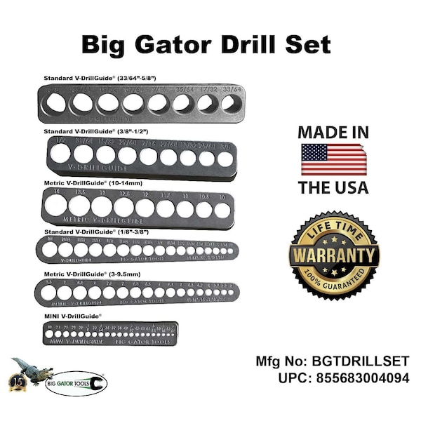 V-Drillguide 6 Piece Set - Complete set of Imperial and Metric V-DrillGuides by Big Gator Tools - BIG GATOR DRILL SET