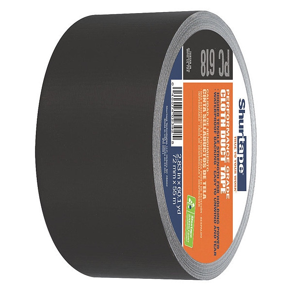 Cinta adhesiva de tela Shurtape, 72mm x 55m, 10 mil, negro, paquete de 16 - PC 618 BLK-72mm x 55m-16 rollos/caja.