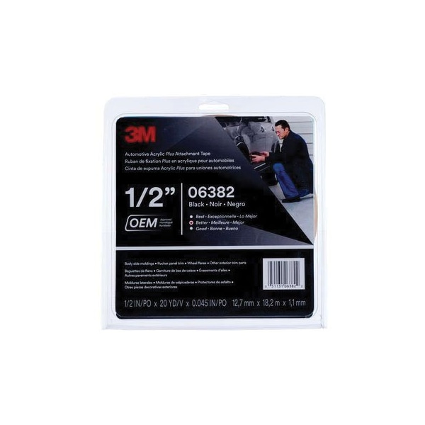 Cinta adhesiva acrílica Plus para automóviles 3M 06382, negro, 1.12 mm, 1/2 pulgadas x 20 yardas - 7000001573