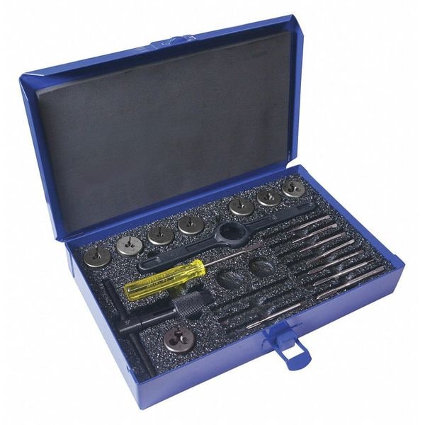Greenfield Threading 19PC Plug Hand Taps and Round Adjustable Dies Set 8 Sizes 0-80 To 10-24 UNC - 423003