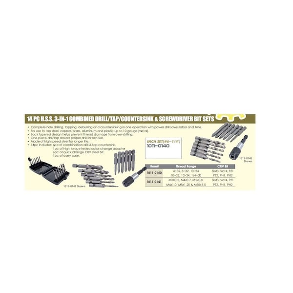 H & H Industrial Products 14 Piece 6-32~1/4-20 High Speed Steel 3-In-1 Tap & Drill Kit - 1011-0140