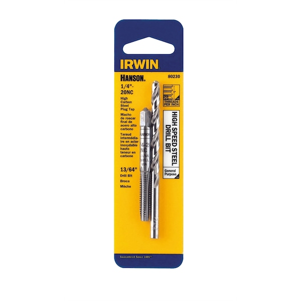 Hanson Tap and Drill Bit Set, 1/4-20 NC High Carbon Steel Plug Tap, 13/64 High Speed Steel Drill Bit, Card - 80230