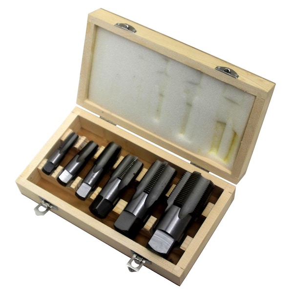 Drill America 6 Piece High Speed Steel NPT Pipe Tap Set (1/4" 3/8" 1/2" 3/4" 1" and 1-1/4" in Wooden Case) - DWTHS1/4-1-1/4SET