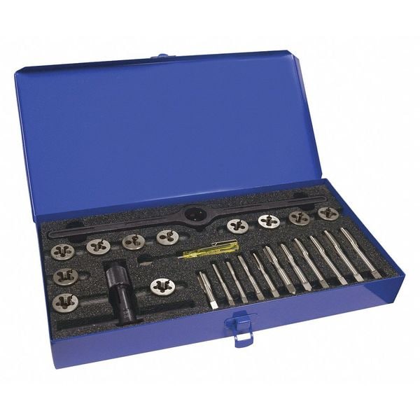 Greenfield Threading 25PC Plug Hand Taps and Round Adjustable Dies Set 11 Sizes 1/4-20 To 1/2-20 UNC UNF & 1/8-27NPT - 423004