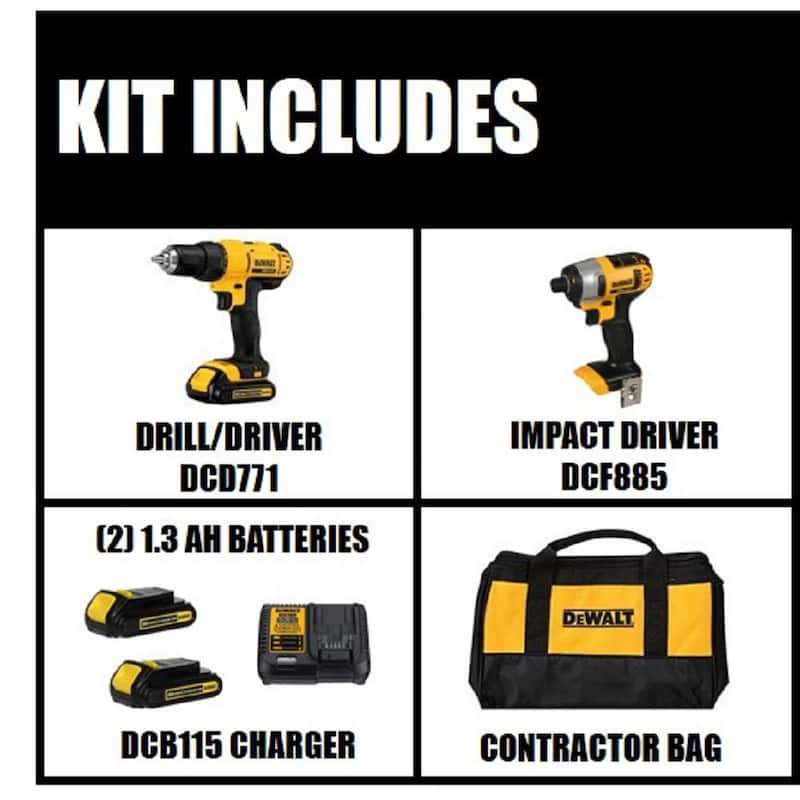 Juego de herramientas combinadas inalámbricas DEWALT 20V MAX con taladro y impacto, incluye (2) baterías 20V 1.3Ah, cargador y bolsa - DCK240C2