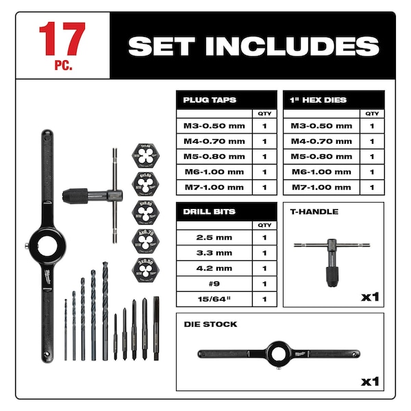 Milwaukee Tool 17PC Metric Tap and Die Set - 49-22-5601