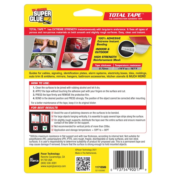 Super Pegamento El Original Súper Fuerte de Doble Cara 0.75 in. W x 98 in. L Cinta Adhesiva Transparente para Montaje - 11710506