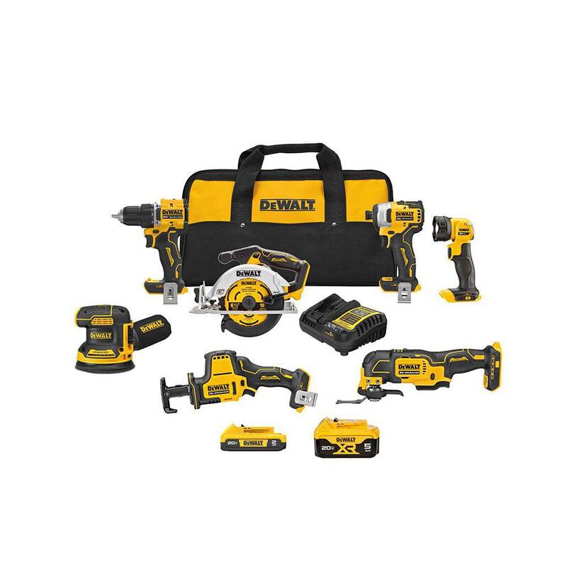 Kit combinado inalámbrico DEWALT de 7 herramientas con batería de iones de litio de 20 voltios MAX, 2.0 Ah, batería de 5.0 Ah y cargador - DCK700D1P1