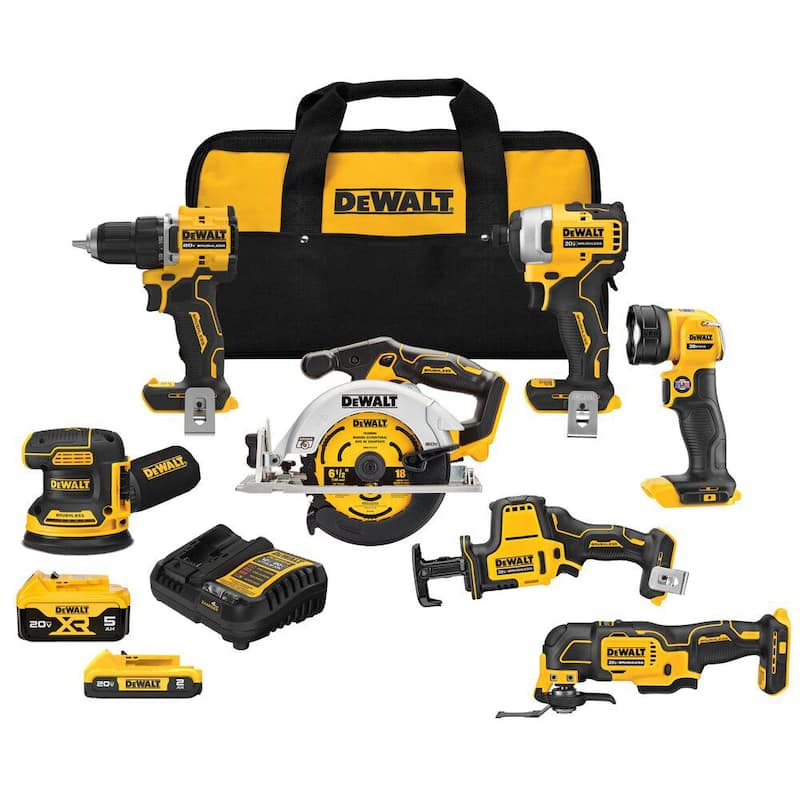 Kit combinado inalámbrico DEWALT de 7 herramientas con batería de iones de litio de 20 voltios MAX, 2.0 Ah, batería de 5.0 Ah y cargador - DCK700D1P1