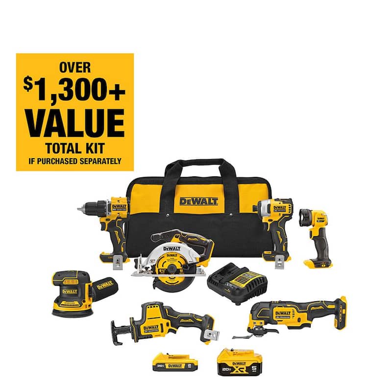 Kit combinado inalámbrico DEWALT de 7 herramientas con batería de iones de litio de 20 voltios MAX, 2.0 Ah, batería de 5.0 Ah y cargador - DCK700D1P1