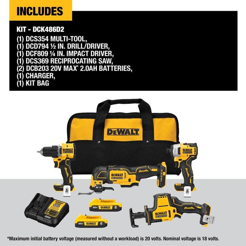 Juego combinado inalámbrico sin escobillas DEWALT ATOMIC de 20 voltios con baterías de 2.0Ah, cargador y bolsa - DCK486D2