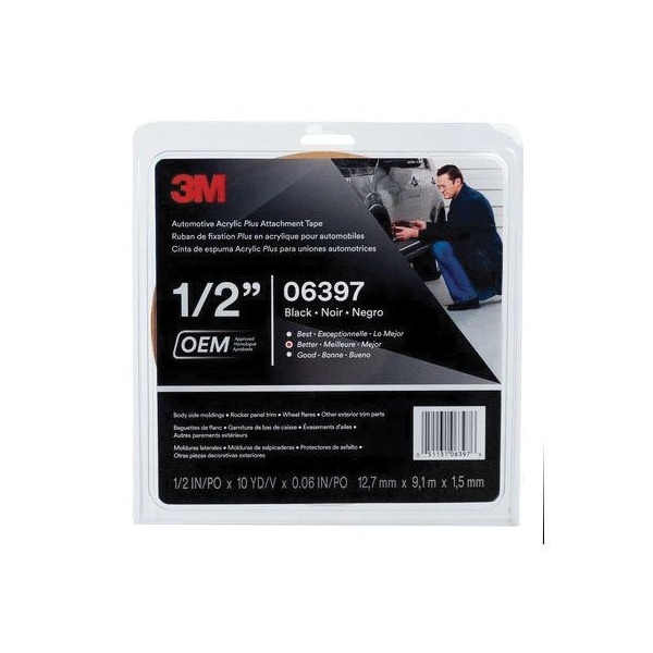 Cinta de adhesión acrílica plus para automóviles 3M 06397, Negra, 1.52 mm, 1/2 pulg x 10 yardas - 7000126192