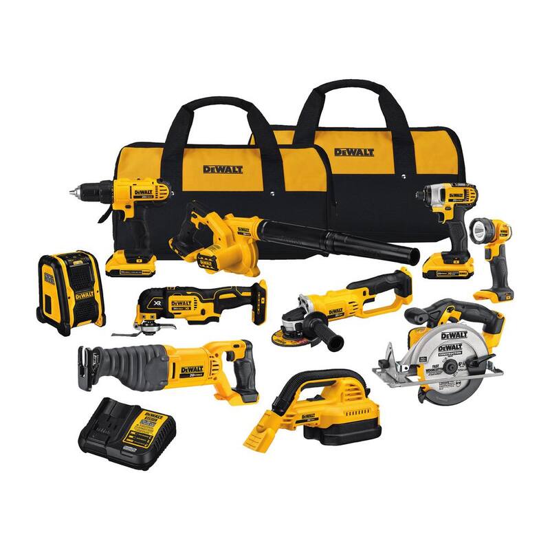 Juego de herramientas inalámbricas DEWALT 20V MAX de 10 herramientas con (2) baterías de 20V 2.0Ah, cargador y bolsa - DCK1020D2