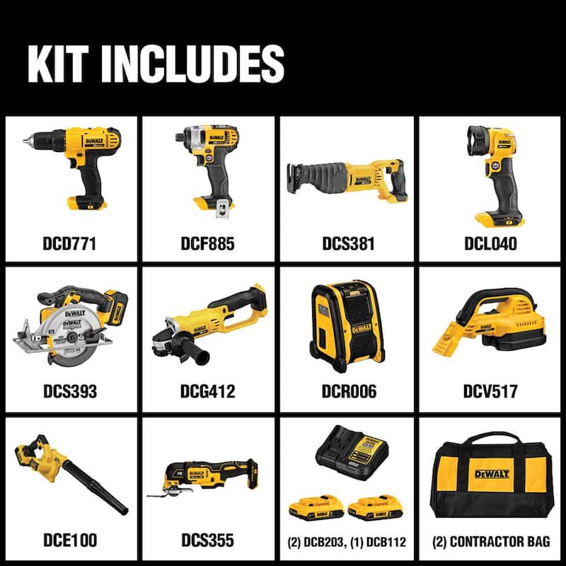 Juego de herramientas inalámbricas DEWALT 20V MAX de 10 herramientas con (2) baterías de 20V 2.0Ah, cargador y bolsa - DCK1020D2