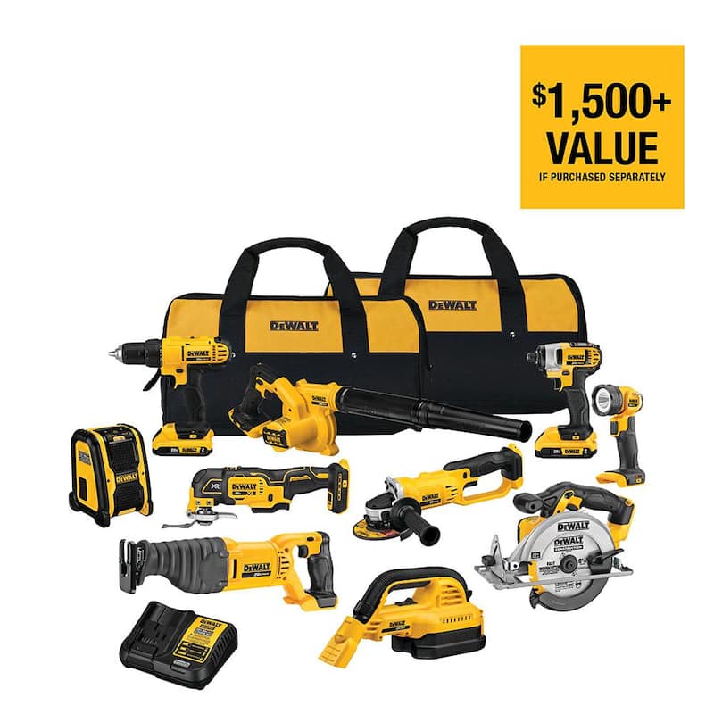 Juego de herramientas inalámbricas DEWALT 20V MAX de 10 herramientas con (2) baterías de 20V 2.0Ah, cargador y bolsa - DCK1020D2