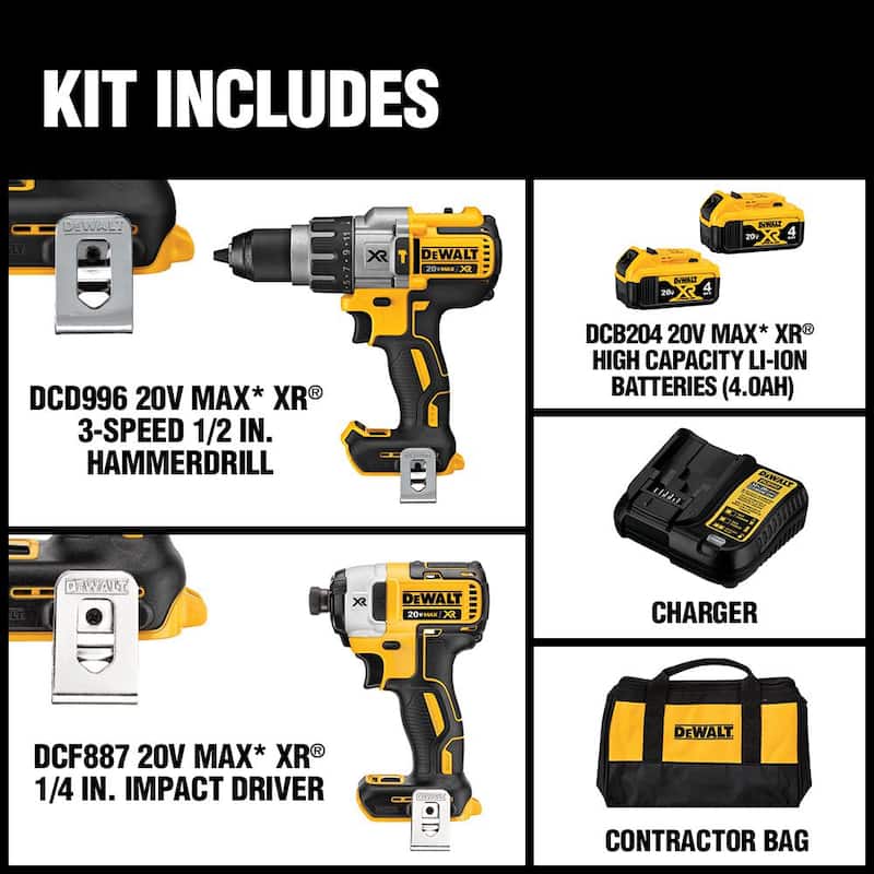 Juego de herramientas inalámbricas sin escobillas DEWALT 20V MAX XR para taladro de martillo/impacto con 2 herramientas, con (2) baterías de 20V 4.0Ah y cargador - DCK299M2