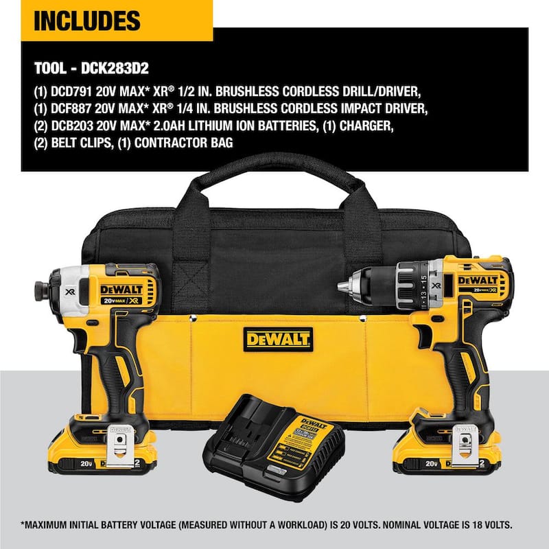 Kit de combo inalámbrico DEWALT 20V MAX XR con taladro/impacto sin escobillas y (2) baterías de 20V 2.0Ah y cargador - DCK283D2